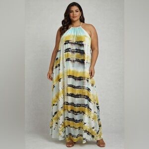 Young Fabulous & Broke Y2K Boho Tie Dye Halter Maxi Dress Size L Flowy Resort